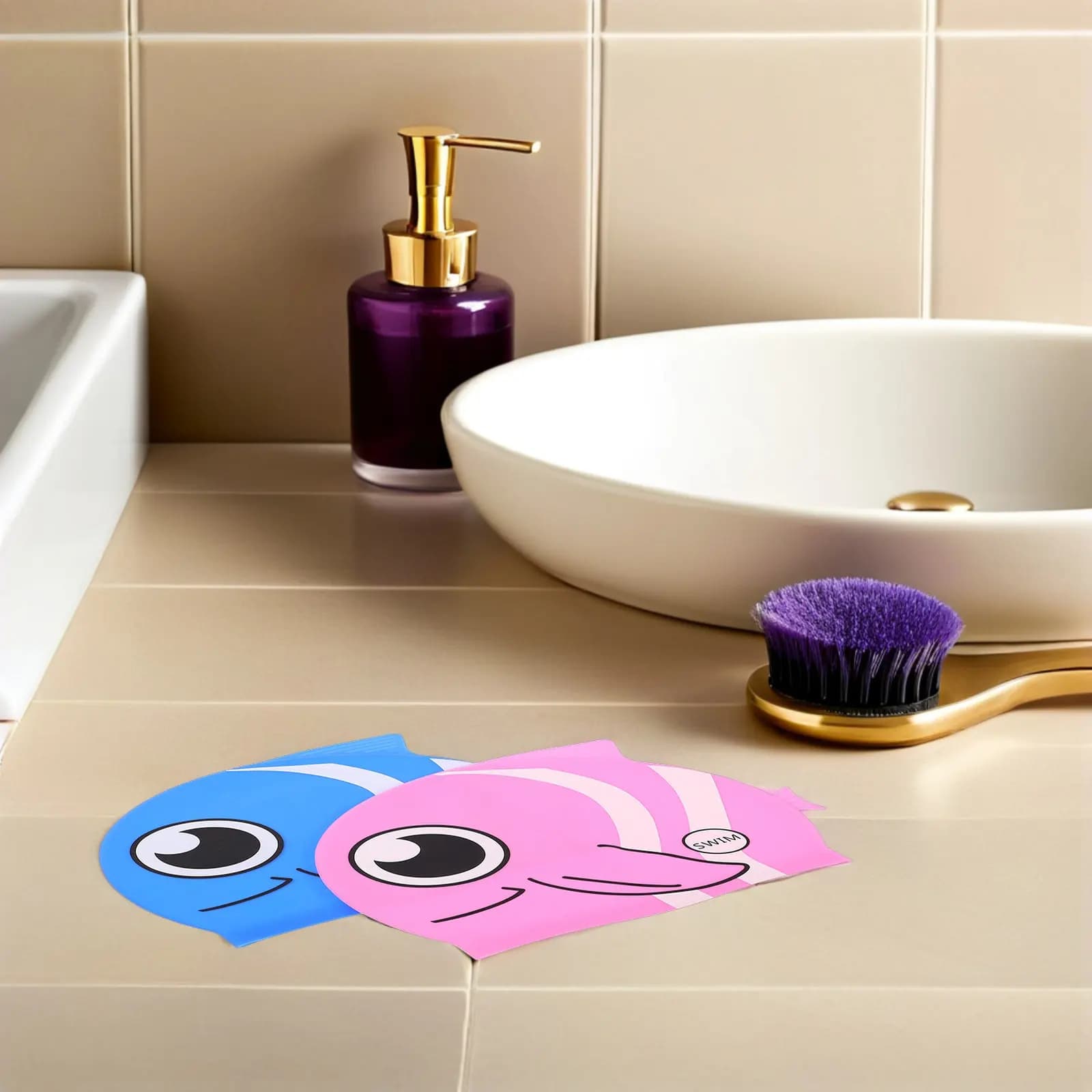 2 Pezzi Cuffie da Nuoto in Silicone a Forma di Pesce, Cappelli da Bagno Impermeabili con Protezione per le Orecchie, Cuffie da Acqua a Cartone Animato