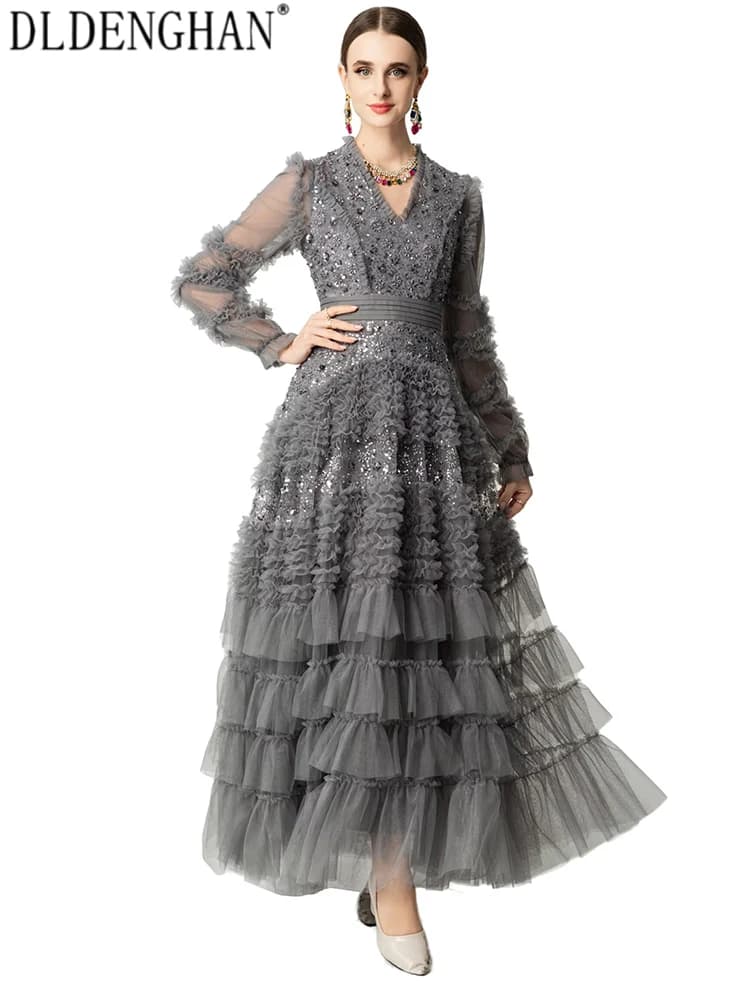 DLDENGHAN Abiti lunghi da donna con scollo a V, maniche a lanterna, perline e paillettes, stile vintage primaverile autunnale