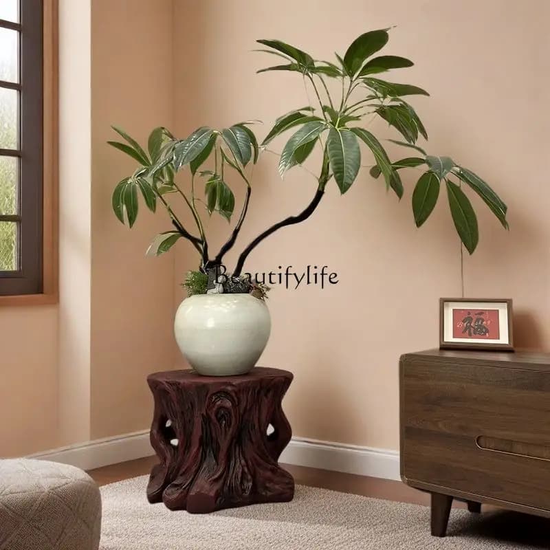 02 New Chinese style imitation wood floor-to-ceiling flower stand plant shelf potted plant shelf balcony flower stand living roo