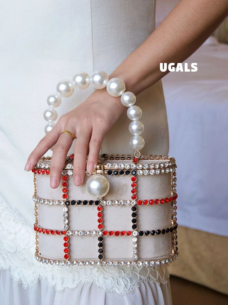 UGALS Pearl Metal Bucket Handbag Women's Crossbody Clutch Bag for Banquet Square Grid Pattern Iron Hardware Daily Use