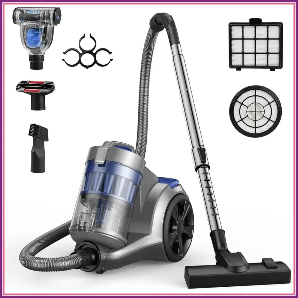 Aspirapolvere a Bidone da 1700W, 45Kpa Senza Sacco, Multi-Ciclone, 2 Filtri HEPA, Contenitore Polvere da 3.5QT, 4 Accessori, Con Cavo per Pavimenti Duri e Peli di Animali Domestici