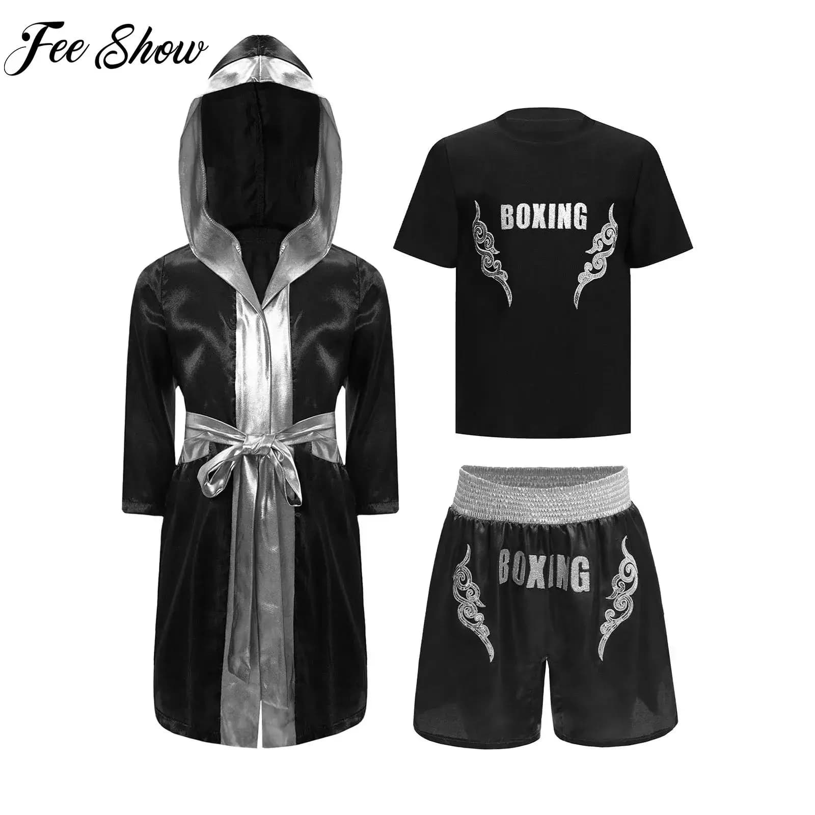 Kids Boy Boxing Outfit Muay Thai Kungfu Wushu Clothing Crew Neck T-shirt+Shorts Robe+Belt Set Children Halloween Cosplay Costume