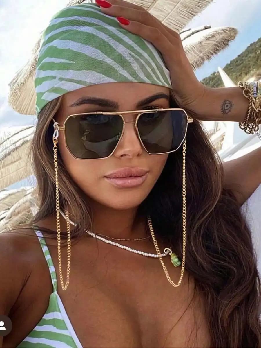 Futuristic Square Double Bridge Fashion Sunglasses With Chain For Women