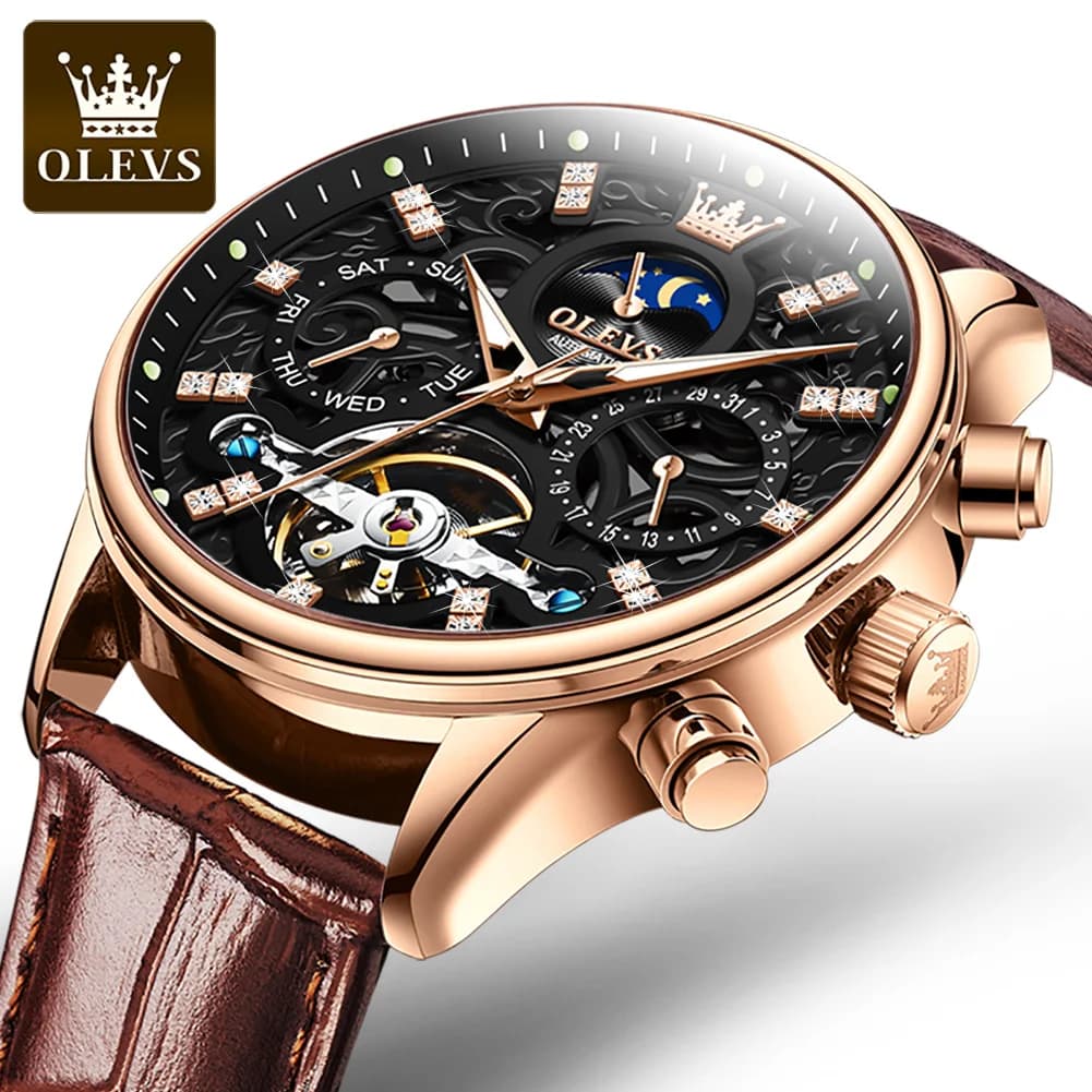 OLEVS Moda Uomo Orologio meccanico automatico Cassa in oro rosa Tourbillon Scheletro Data Visualizzazione fasi lunari Orologi impermeabili Reloj