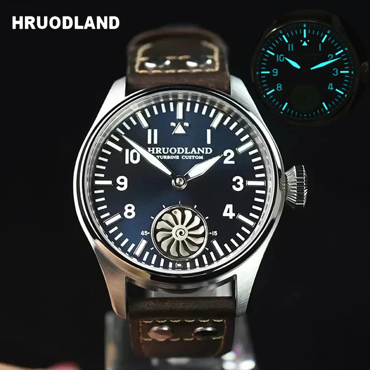 Hruodland 43mm Pilot Orologio meccanico manuale da uomo con cristallo di zaffiro BGW-9 Night Light Turbine Retro impermeabile 5Bar reloj hombre