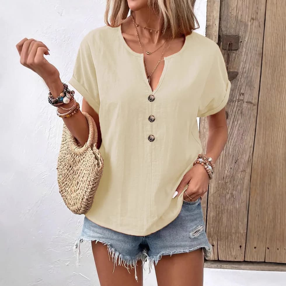2025 T-shirt da donna estiva a maniche corte tinta unita casual vacanza moda comoda scollo a V bottoni larghi Top