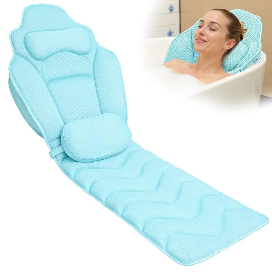 Extra long bath cushion 61 cm for tub, ergonomic 4D mesh with head, neck and lumbar area support