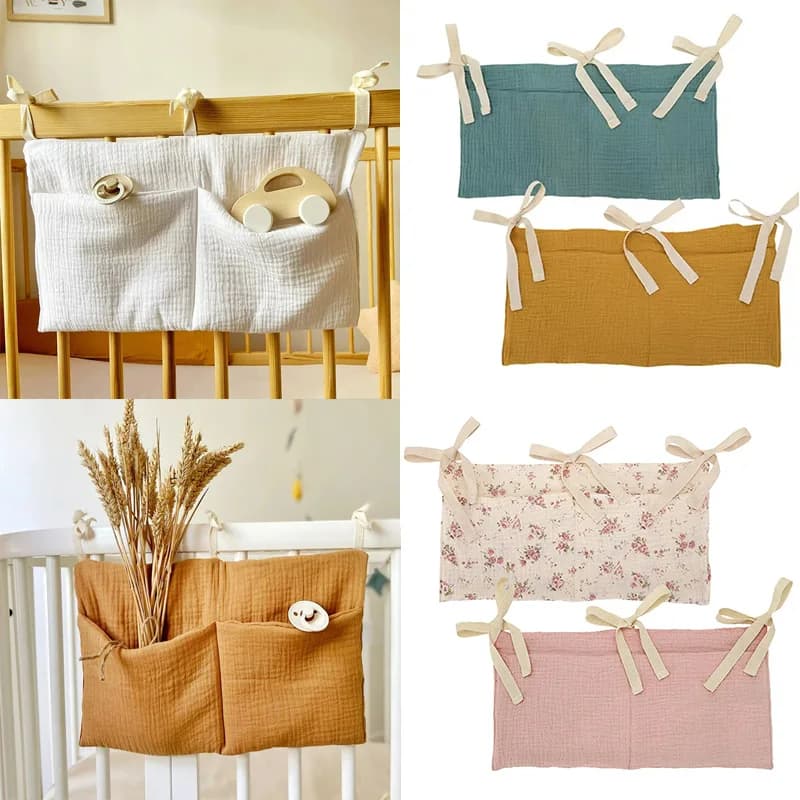 Borsa da appendere per culla in cotone con doppie tasche da comodino, ciuccio, pannolini, giocattoli, borse per organizer, kit di accessori per biancheria da letto