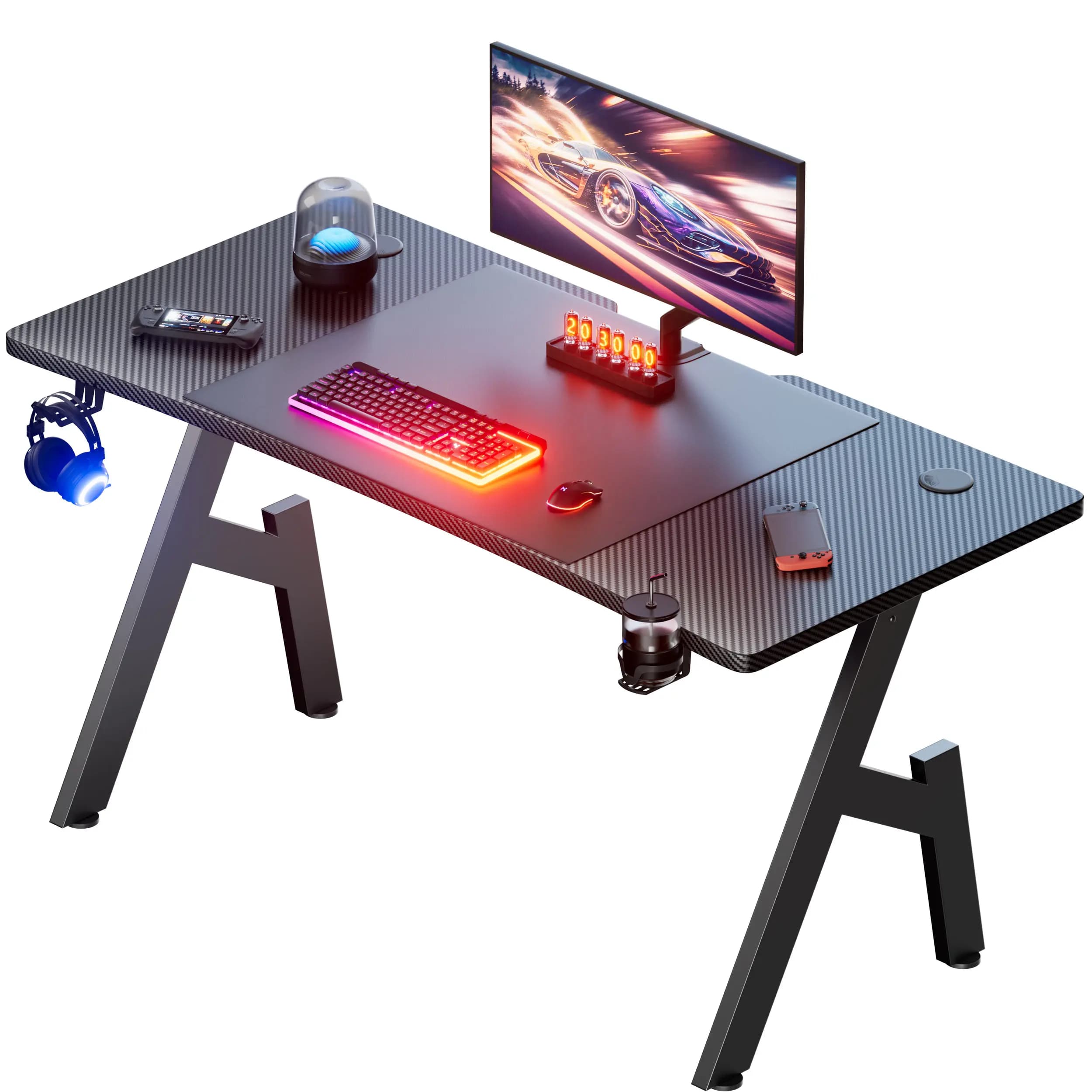Scrivania da Gaming 80/100/120/140cm, Scrivania a Forma di A con Portabicchieri e Porta Cuffie, Moderna Scrivania in Fibra di Carbonio per Casa e Ufficio