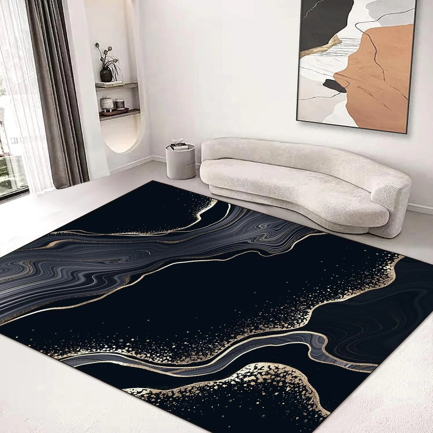 Black marble aesthetic carpet for bedroom, corridor carpet with abstract black gold texture, washable and breathable carpet for indoor use