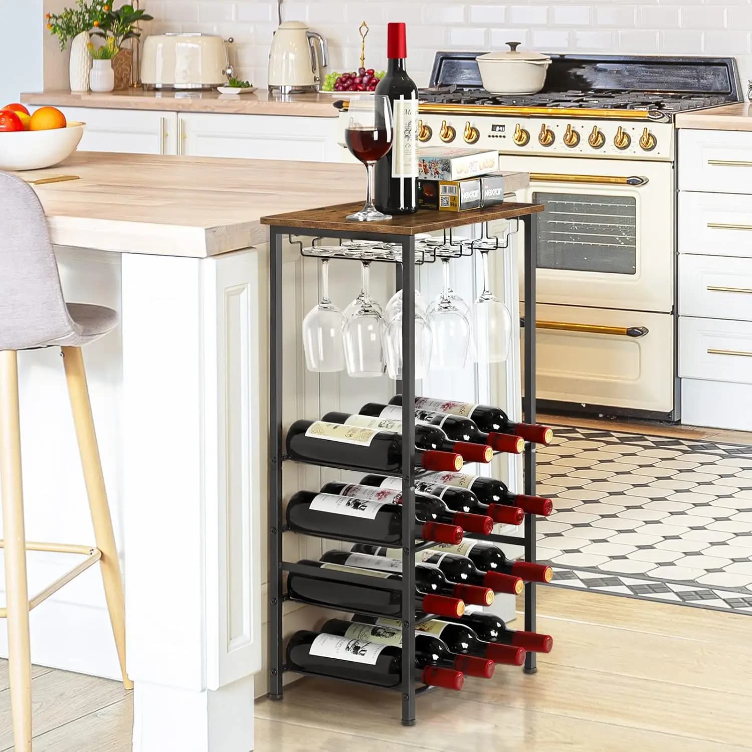 Portabottiglie in legno rustico per 16 bottiglie, ripiano indipendente con supporti in vetro per cucina, sala da pranzo, bar