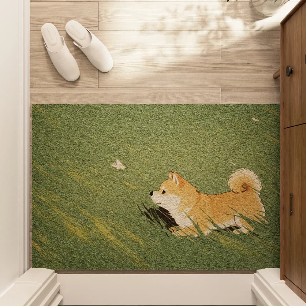 Cute Shiba Inu Doormat, Puppy on Green Grass Print Rug for Cozy Bedroom Bathroom & Balcony Decor, Durable & Stylish