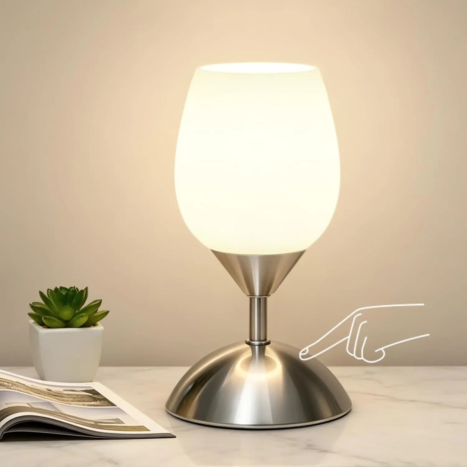 Lampada da Tavolo Dimmerabile a 3 Modalità con Controllo Touch, Lampada in Vetro Opalino per Comodino, Piccola Lampada da Tavolo con Lampadina E12 Inclusa