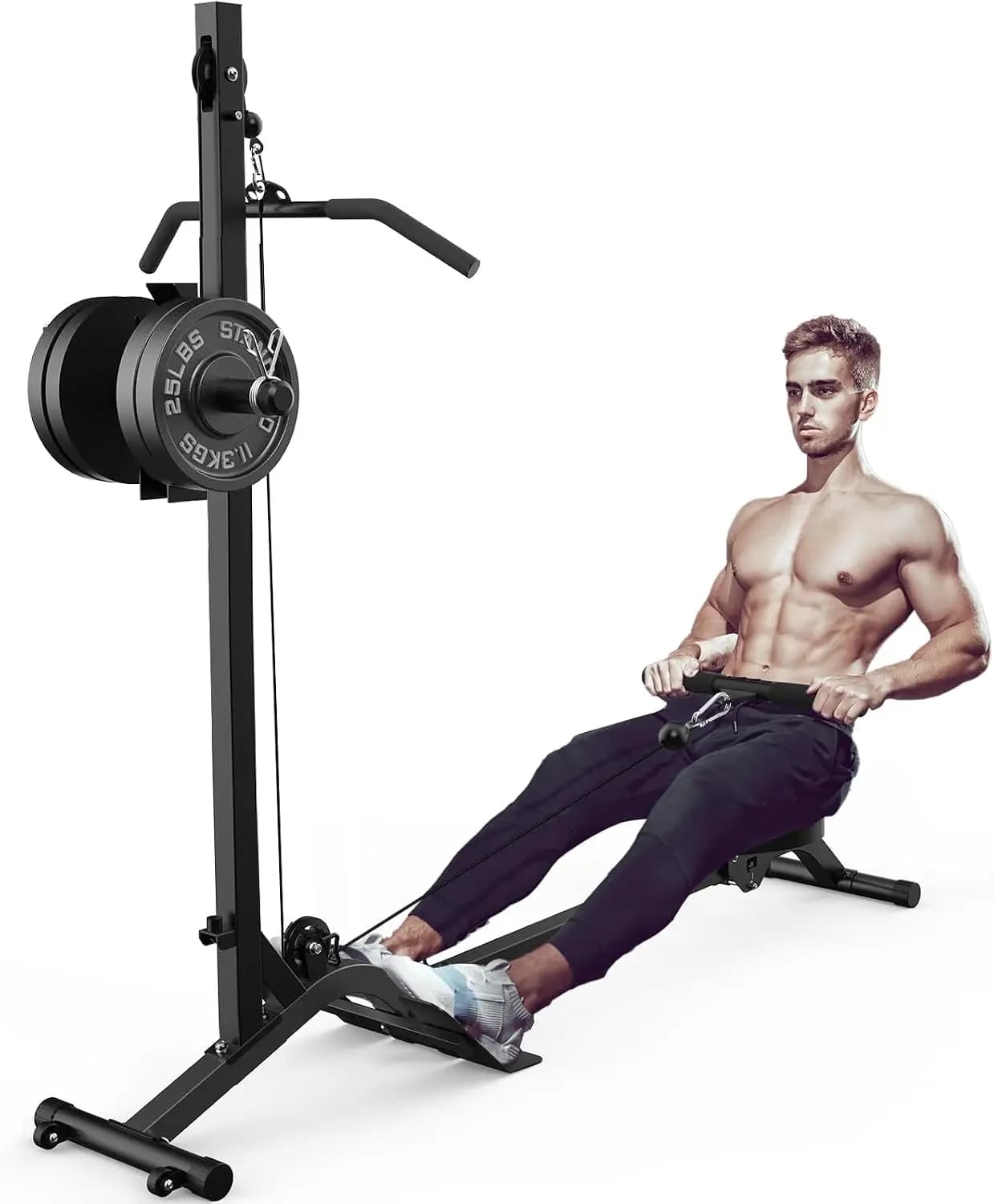 Foldable Rowing Machine,Adjustable LAT Pull Down & Low Row Cable Machine with Weight Plates,2 in 1 Multi-Function Compact Rowing