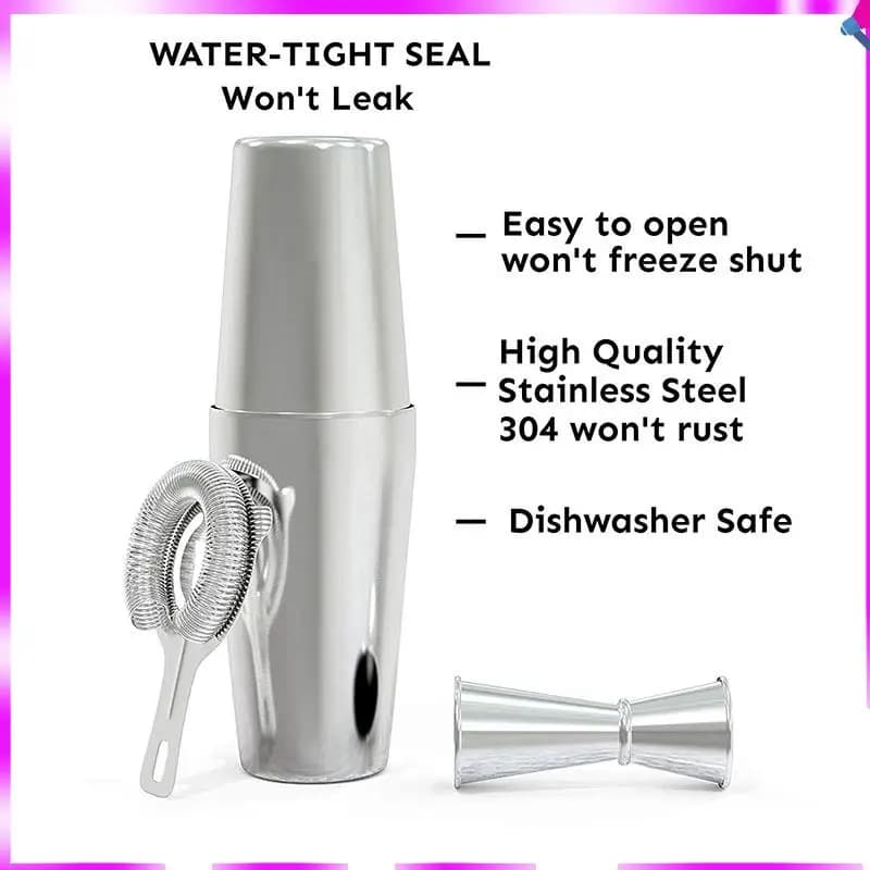 Set shaker per cocktail N96R: set professionale Boston Shaker, colino da cocktail e jigger. Supporto per barra premium in acciaio inossidabile da 4 pezzi