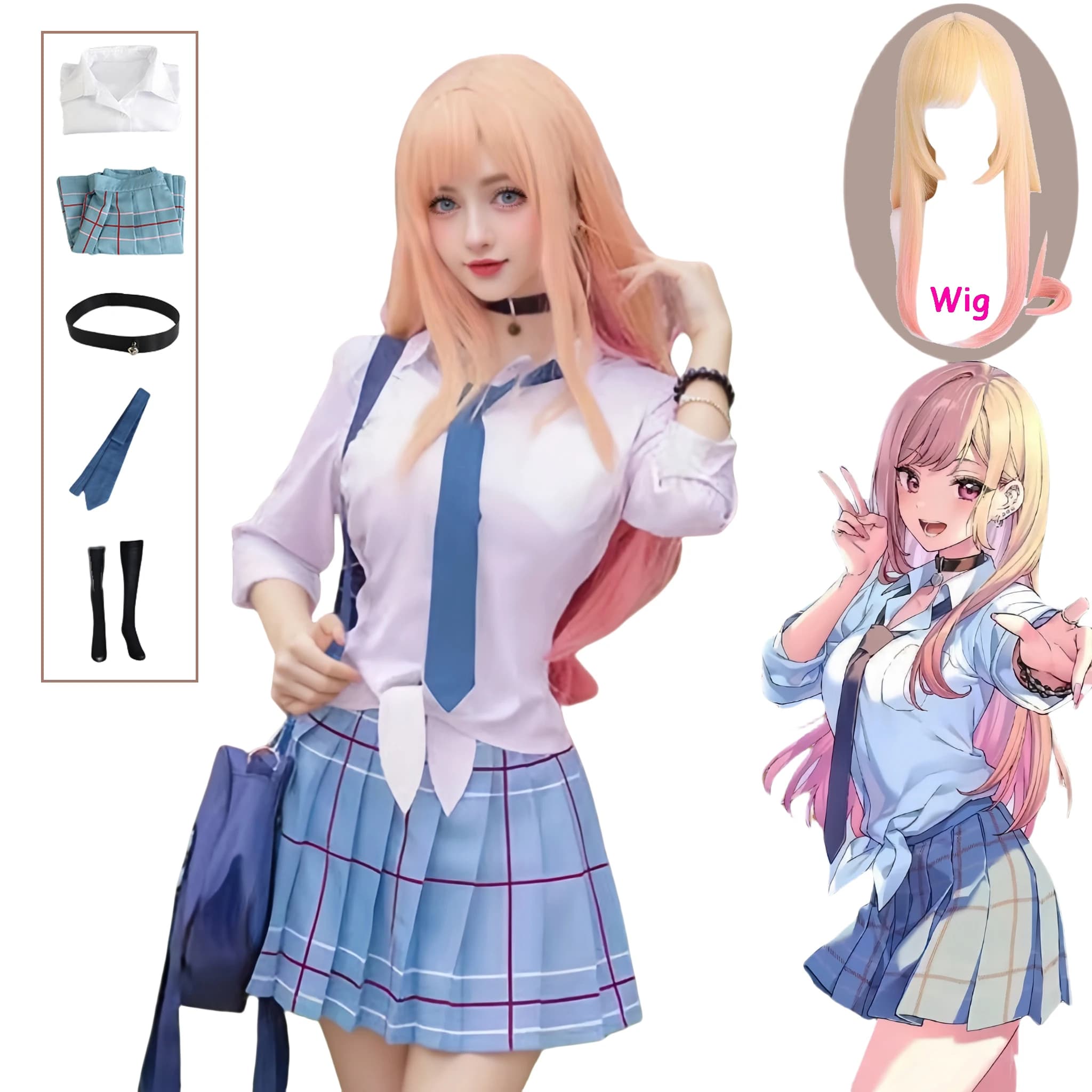 Costume Cosplay di Kitagawa Marin, Uniforme Scolastica con Parrucca, Taglie Forti per Donne