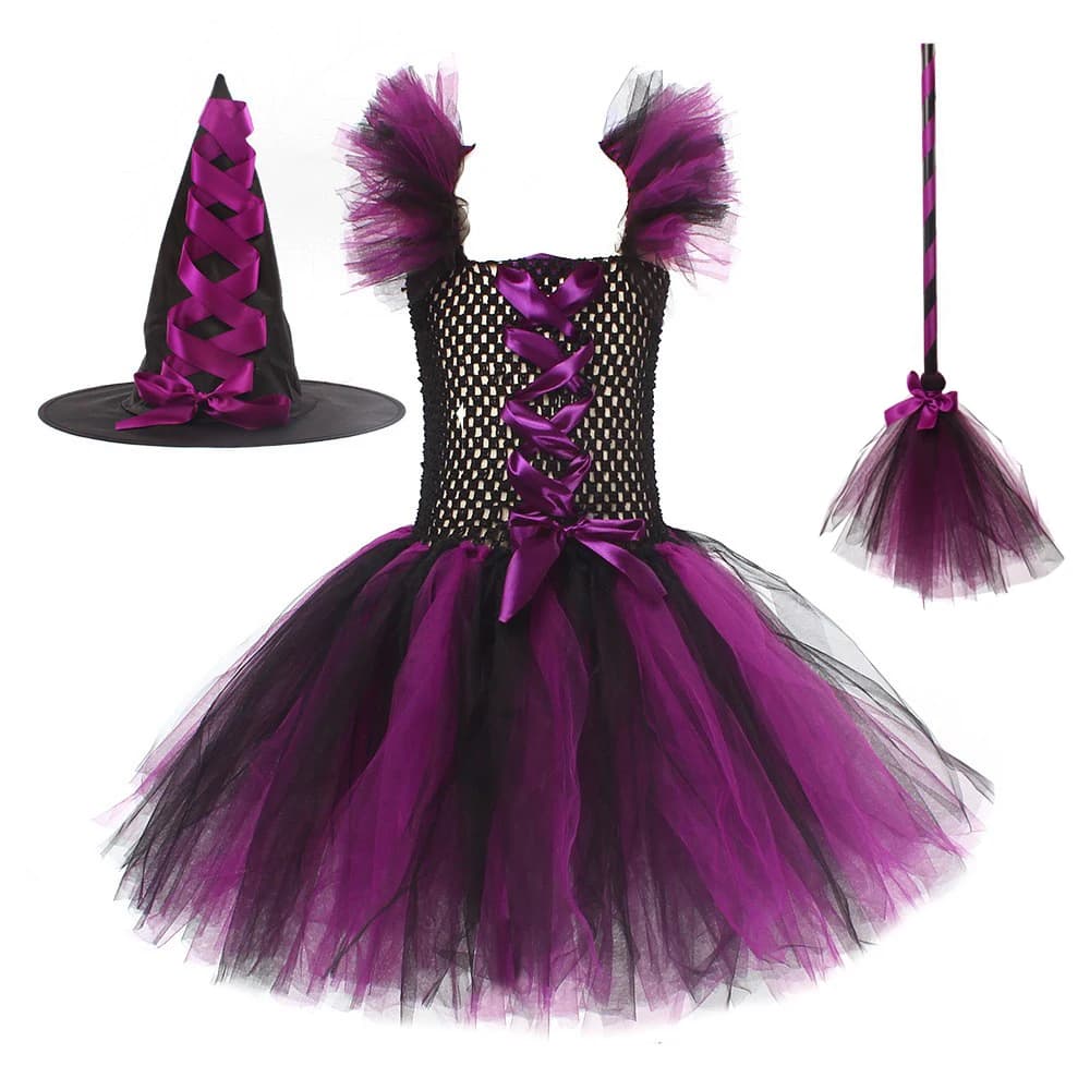 Nuovo Costume da Piccola Strega per Bambini, Abito da Strega Originale per Halloween, Gonna in Tulle Gonfia, Costume per Feste in Maschera ed Eventi
