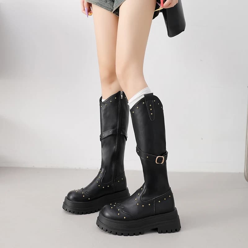 Platform Studded Chunky Heel Leather Shoes Round Toe Side Pull Anti-slip Wear-resistant High Boots