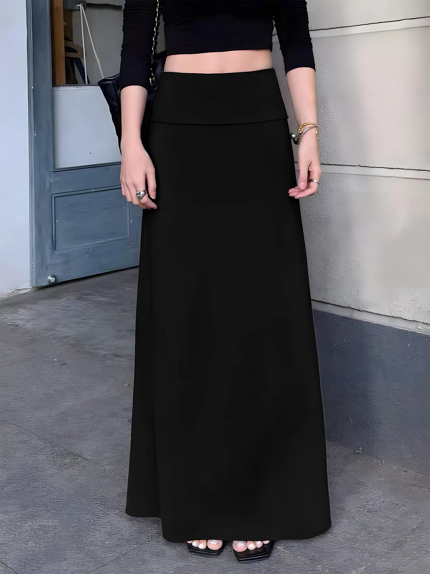 High Waist Fold-Over Maxi Skirt, Elegant A-Line Silhouette, Business Office & Formal Meeting Wear