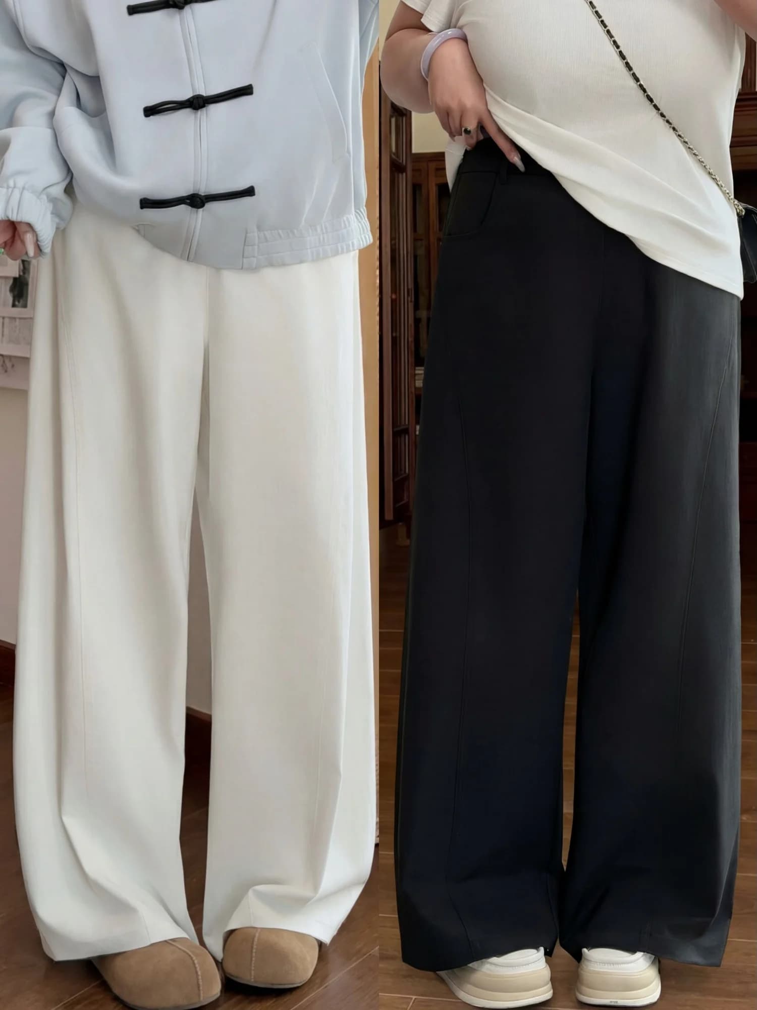 Pantaloni Casual Taglie Forti da Donna, Stile Primaverile per il Pendolarismo, Vita Alta, Gamba Larga, in Fibra di Poliestere, Modellanti e Coprenti