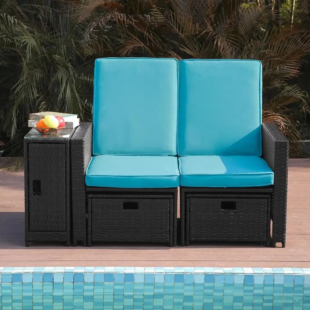 Set Divanetto in Vimini da Esterno con Cuscini - Sedia a Sdraio Regolabile e Pouf per Patio, Giardino, Balcone, Spiaggia e Terrazza