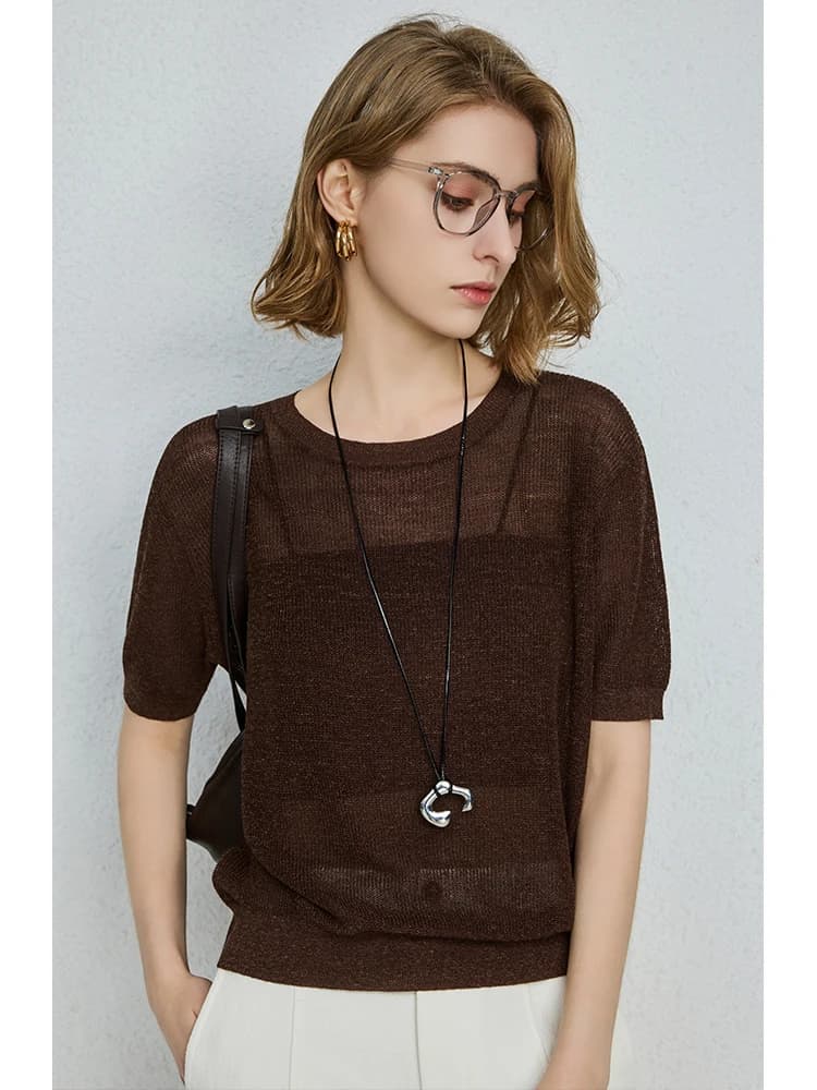 UNQ Chill Han Mallow Cool Feel T-shirt da donna casual a maniche corte in maglia larga semi-trasparente con motivo floreale e collo rotondo