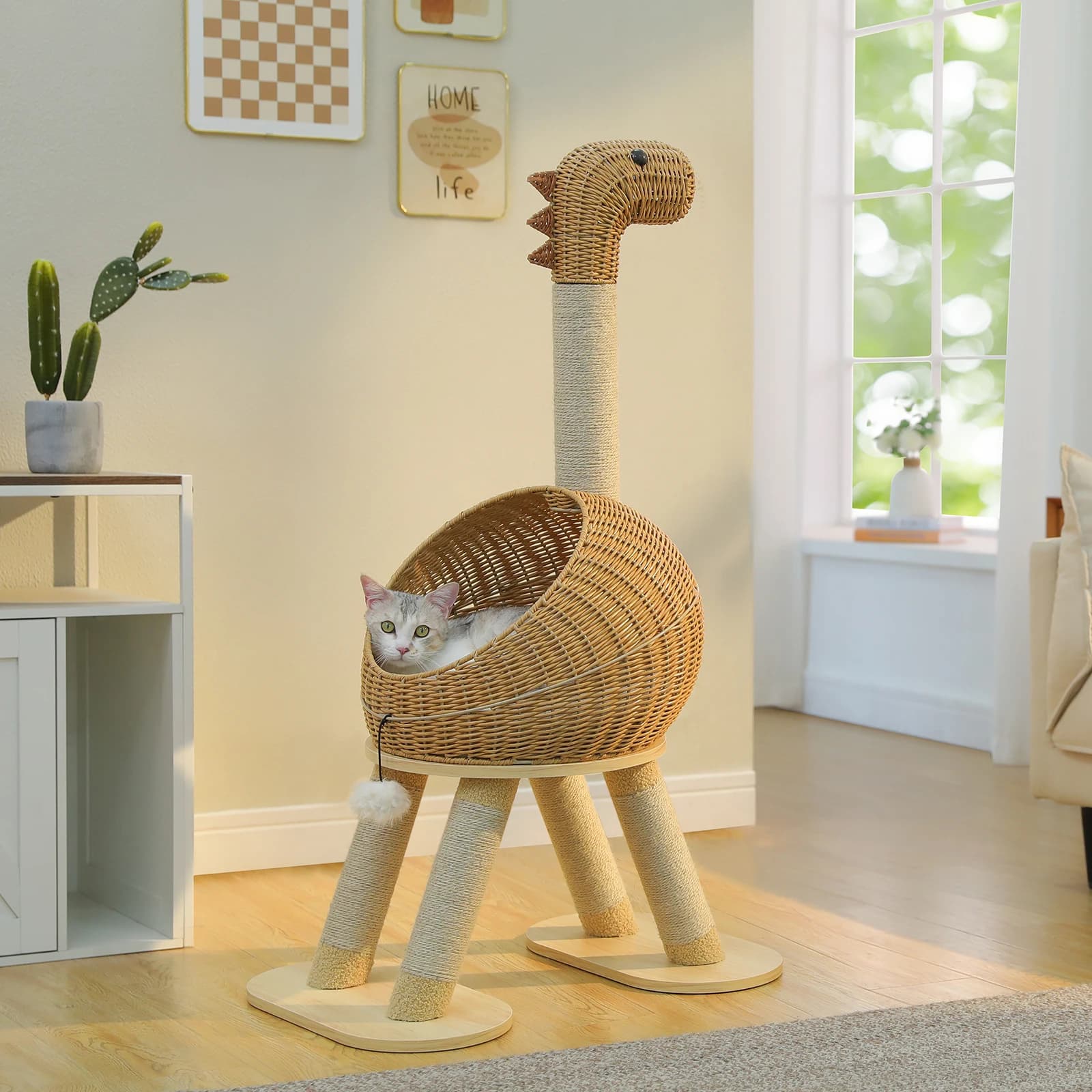 Torre per albero per gatti con dinosauro con tiragraffi in sisal Grande condo per gatti in rattan per letti per gatti in vimini da interni con tappetino rimovibile