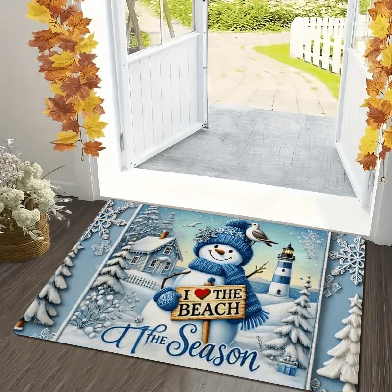 Coastal Winter Snowman Front Door Mat I Love The Beach At The Season Lighthouse Seagull Snow Tree Snowflake Holiday Doormat