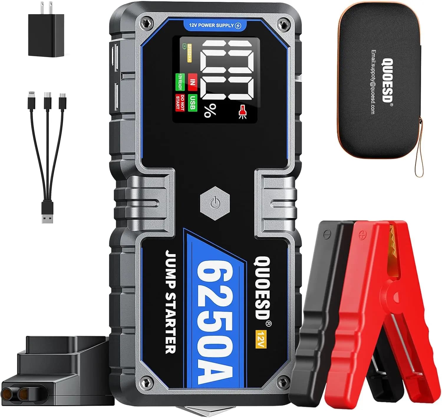 Avviatore di emergenza 6250A, amplificatore per auto portatile da 12 V con 2 USB, display HD da 3,2', stand-by 48 mesi