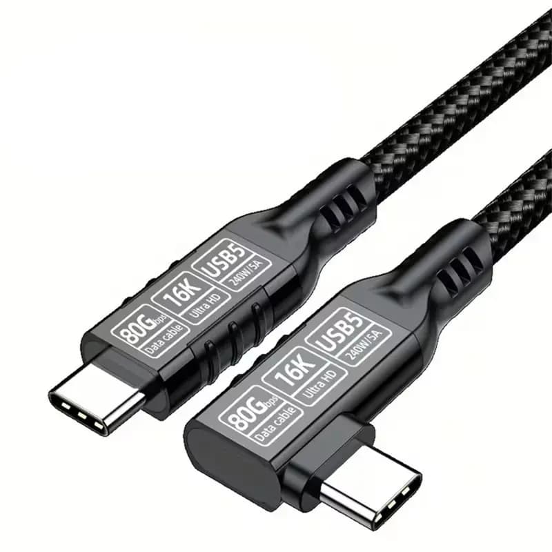Y43A-Thunderbolt 5 90 Degree Type C To USB C Cable USB5 80Gbps 16K PD 240W Fast Charging Data Cable For Mobile Phone 6.56Ft