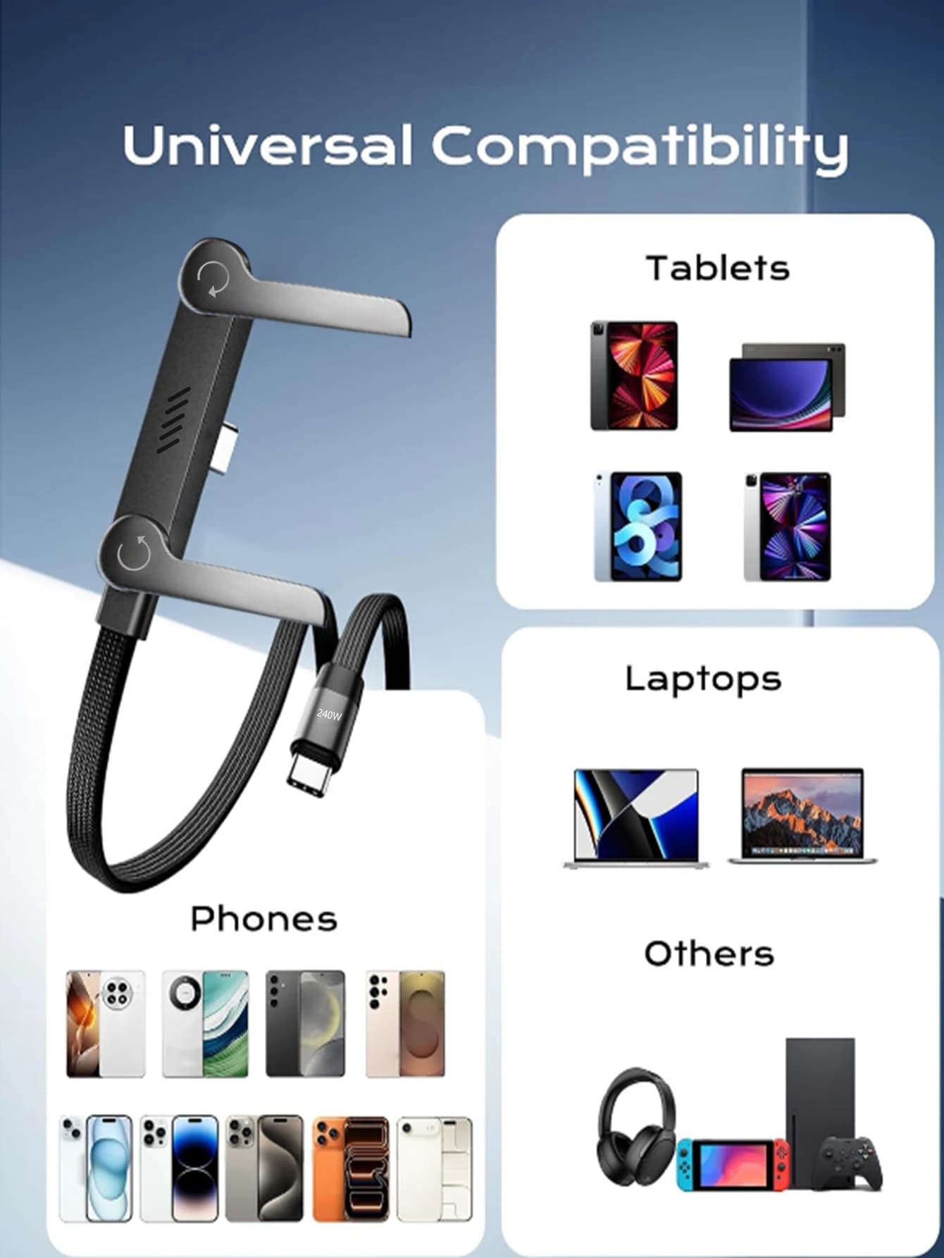 New type of cell phone charging cable with integrated folding support, 90 ° Foldable design, which allows you to upload and watch video