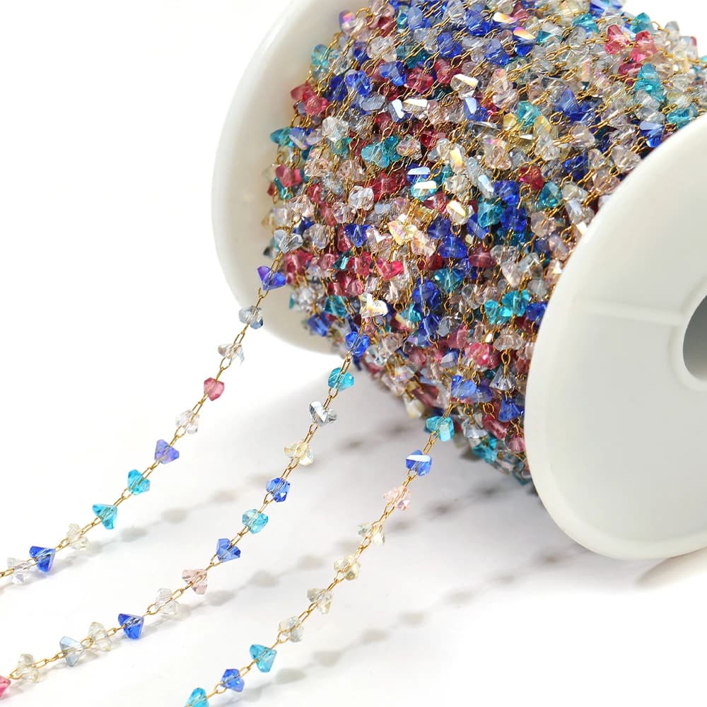 1 meter stainless steel chain with colored crystals and beads for creating DIY jewellery, bracelets, earrings and necklaces.