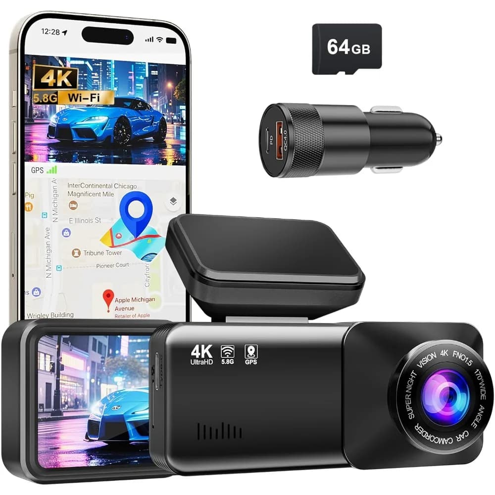 Dash Cam 4K Ultra HD, integrated GPS car front dashboard camera, WiFi 5.8 GHz, APP control, IPS screen 3,2, night view, wide angle