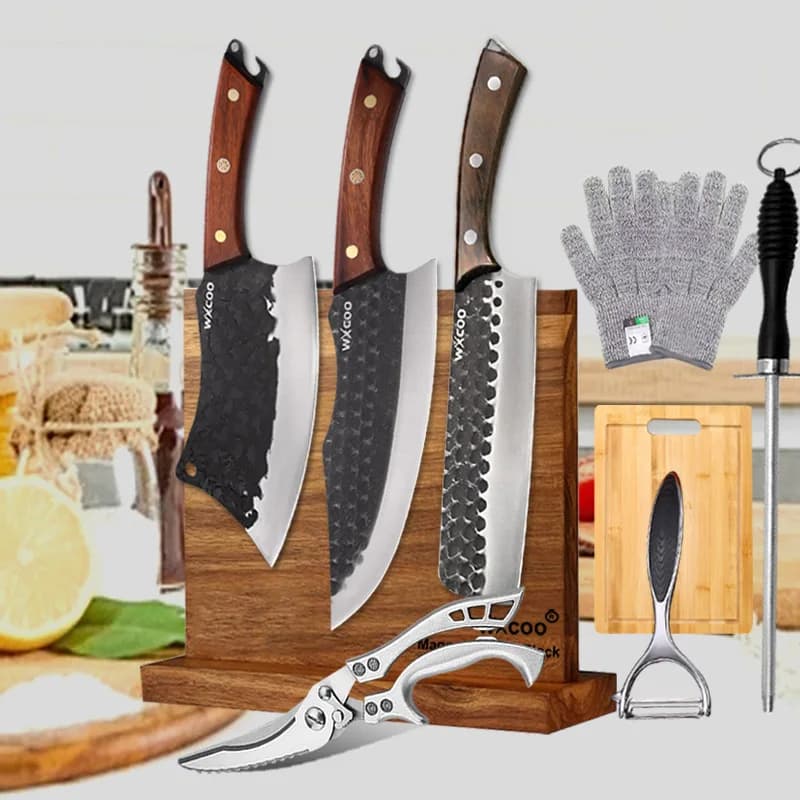 Coltello da cucina forgiato Coltello da macellaio affilato per disossare Mannaia per carne per barbecue Affettare frutta Coltello magnetico in legno Blocco Accessori da cucina