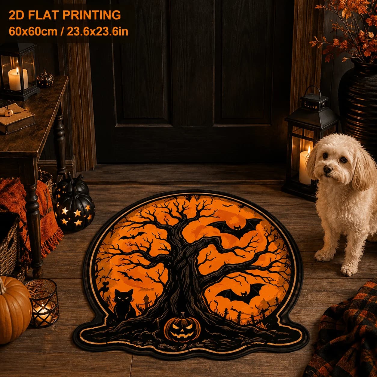 VIKAMA Halloween Irregular Round Area Rug Spooky Dead Tree Black Cat Bat Pumpkin Print Non Slip Floor Mat Decor Carpet Home
