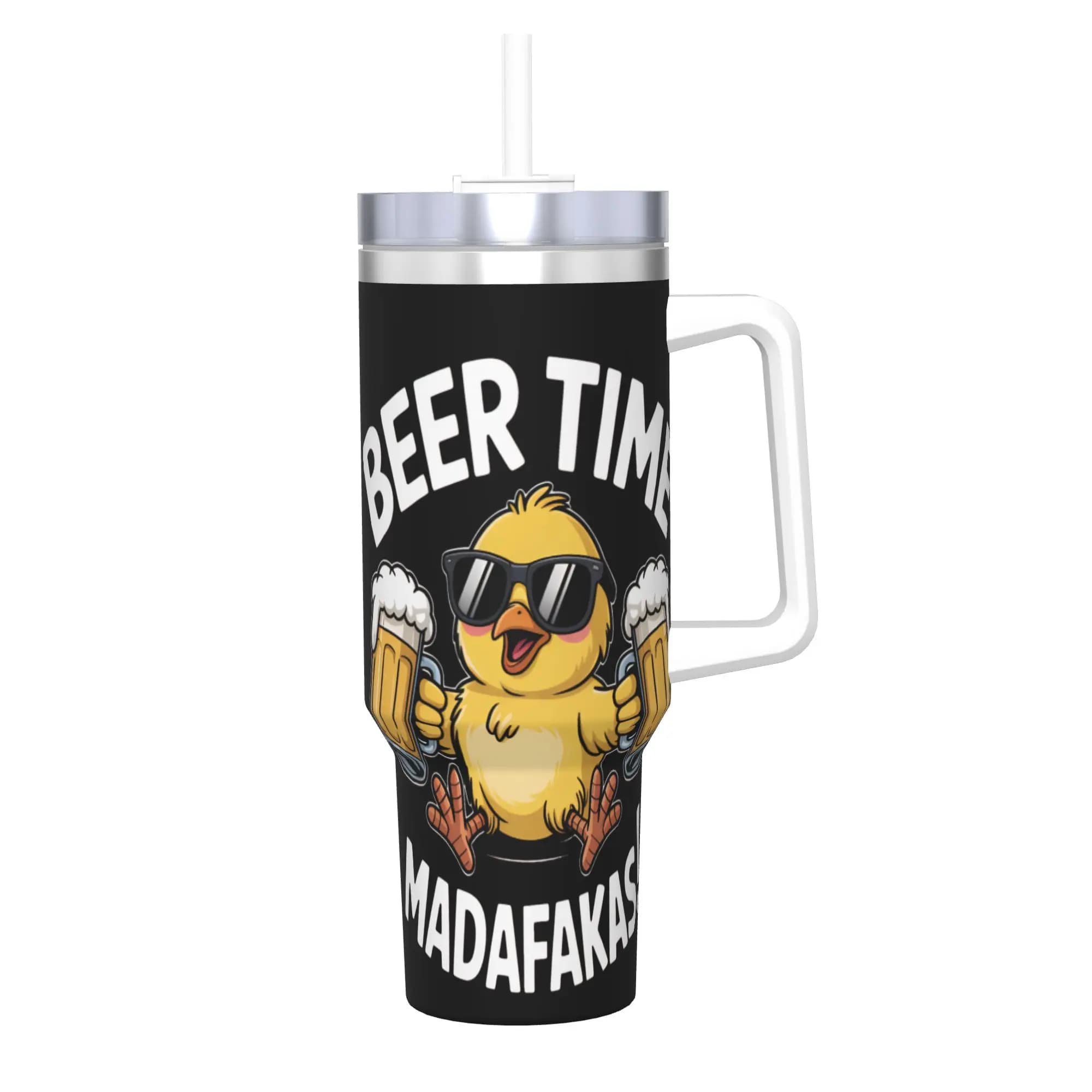 Bicchiere Divertente 'Beer Time Madafakas' con Forma di Pollo, Tumbler da 40oz in Acciaio Inox a Doppia Parete con Isolamento Sottovuoto e Cannuccia