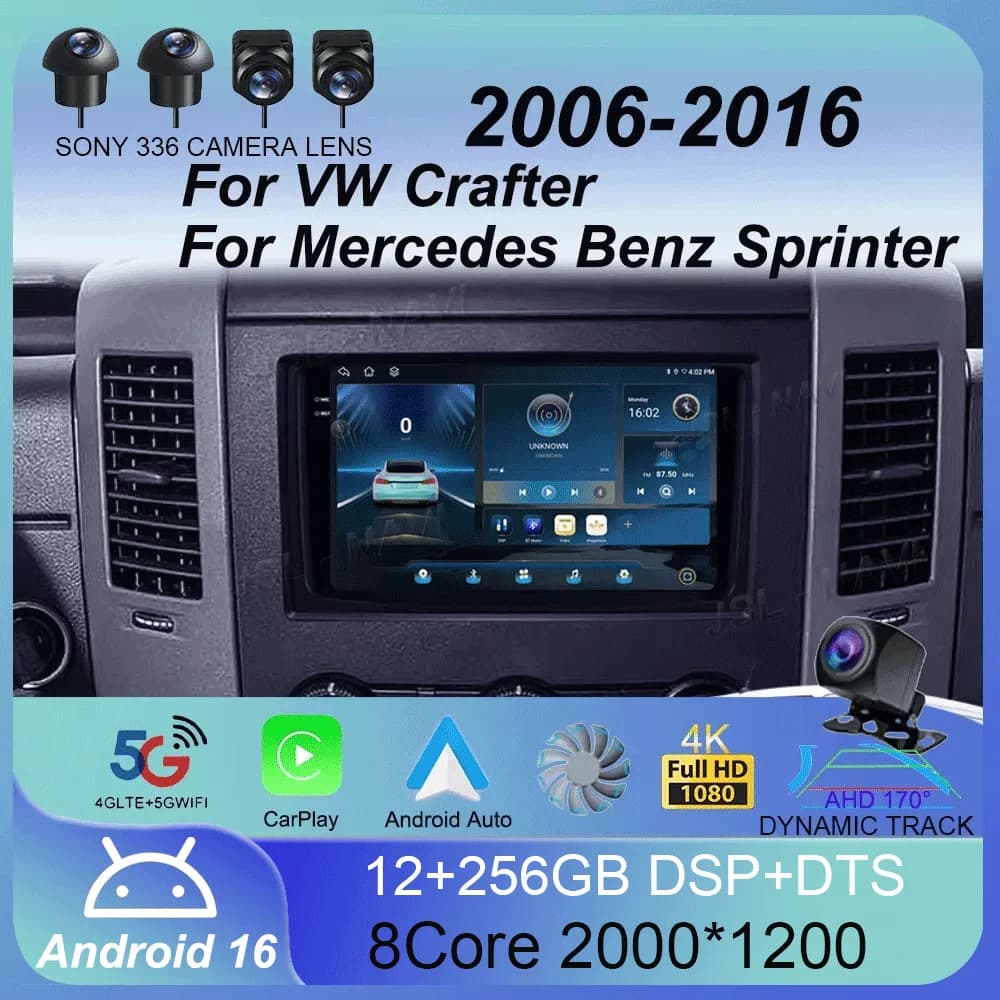 Autoradio Android 16 QLED per VW Crafter e Mercedes Benz Sprinter 2006-2016 con Android Auto, CarPlay, 4G, WIFI, Navigazione GPS e DSP