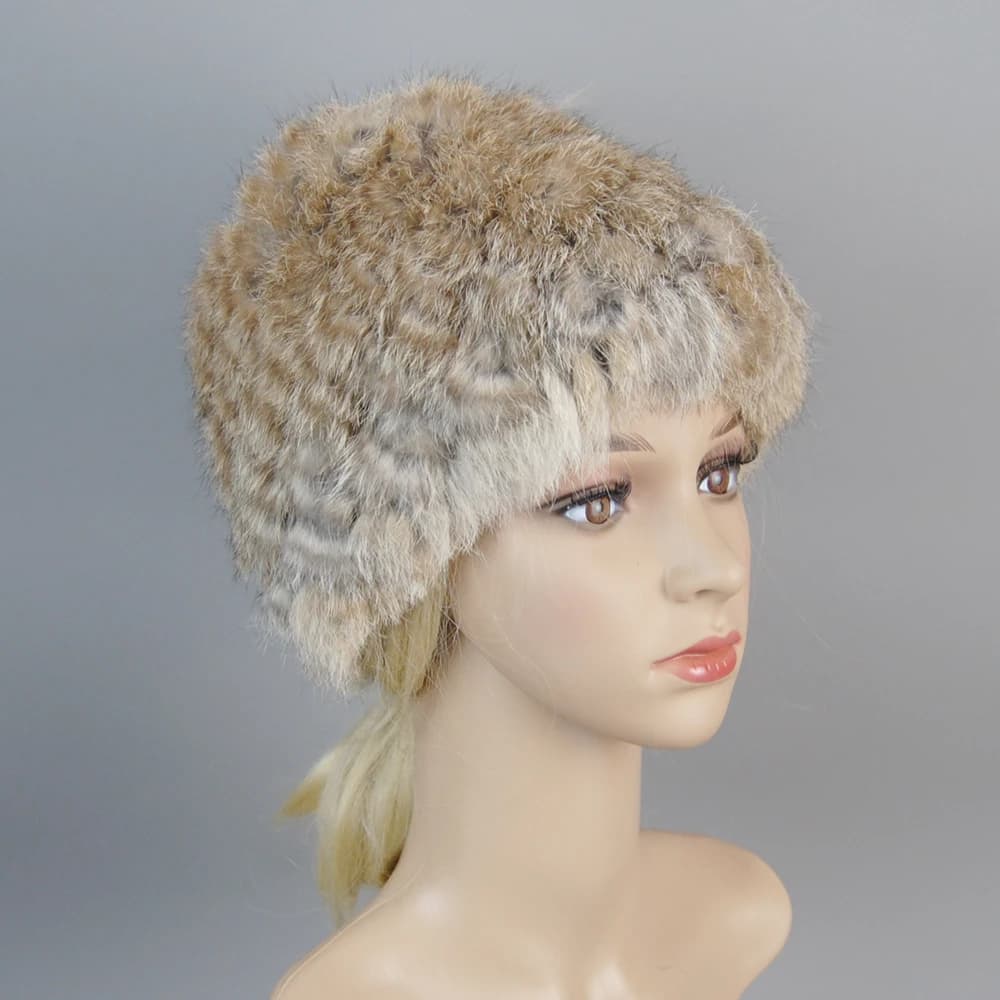 Russian Women Good Elastic Real Rabbit Fur Skully Hat Lady Winter Warm Knitted Genuine Rabbit Fur Hats Outdoor Fluffy Fur Caps