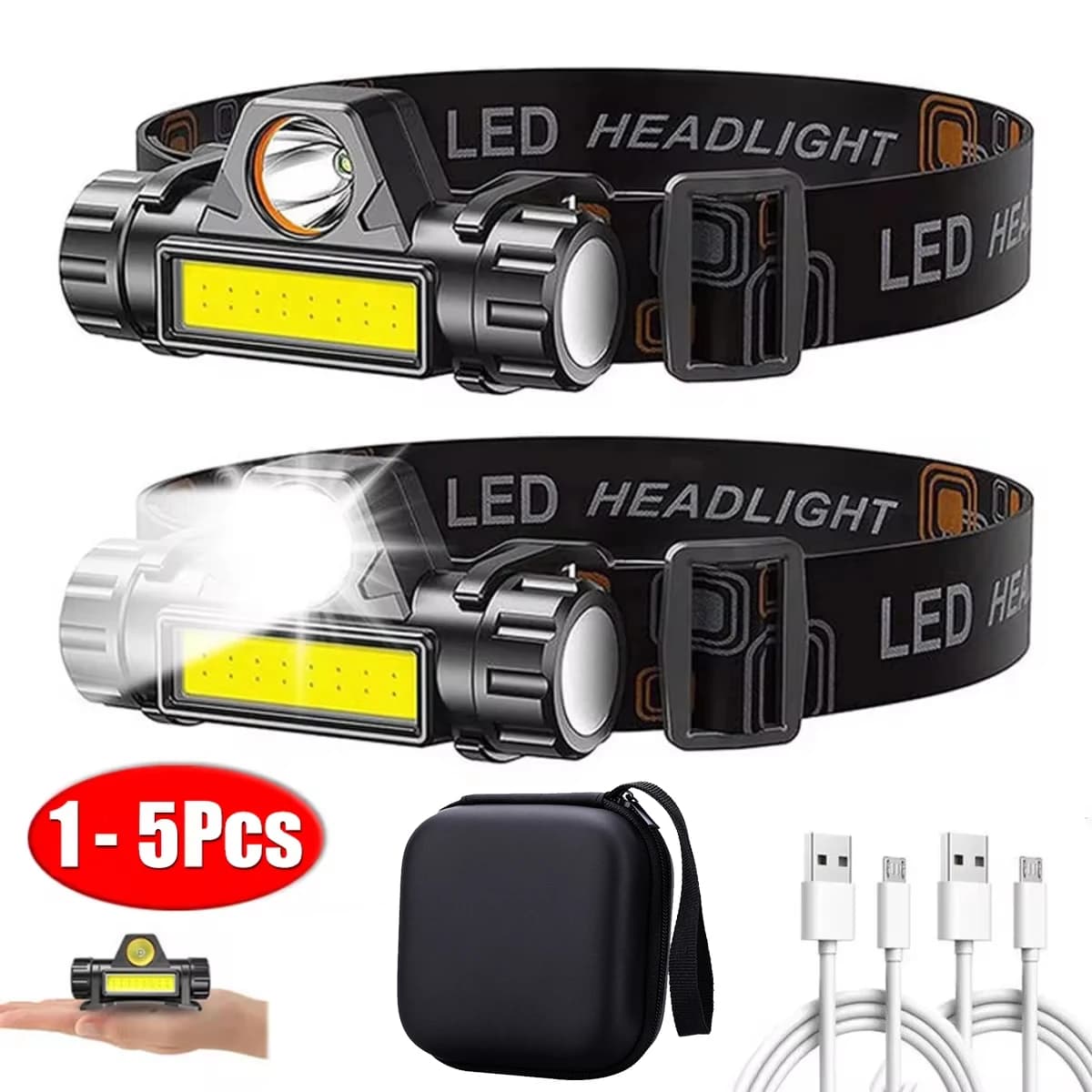 1-5PCS Rechargeable COB LED Front Lamp Strong Magnetic Headlight Powerful Waterproof Super Bright Front Flashlight for Outdoor Fishing