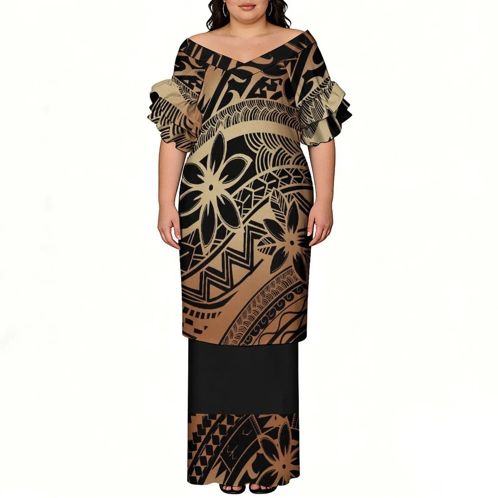 Fashion Design Custom Pattern Printed V-Neck Petal Sleeve Puletasi Style Women'S Suit Skirt - Polynesian Summer Art Dress