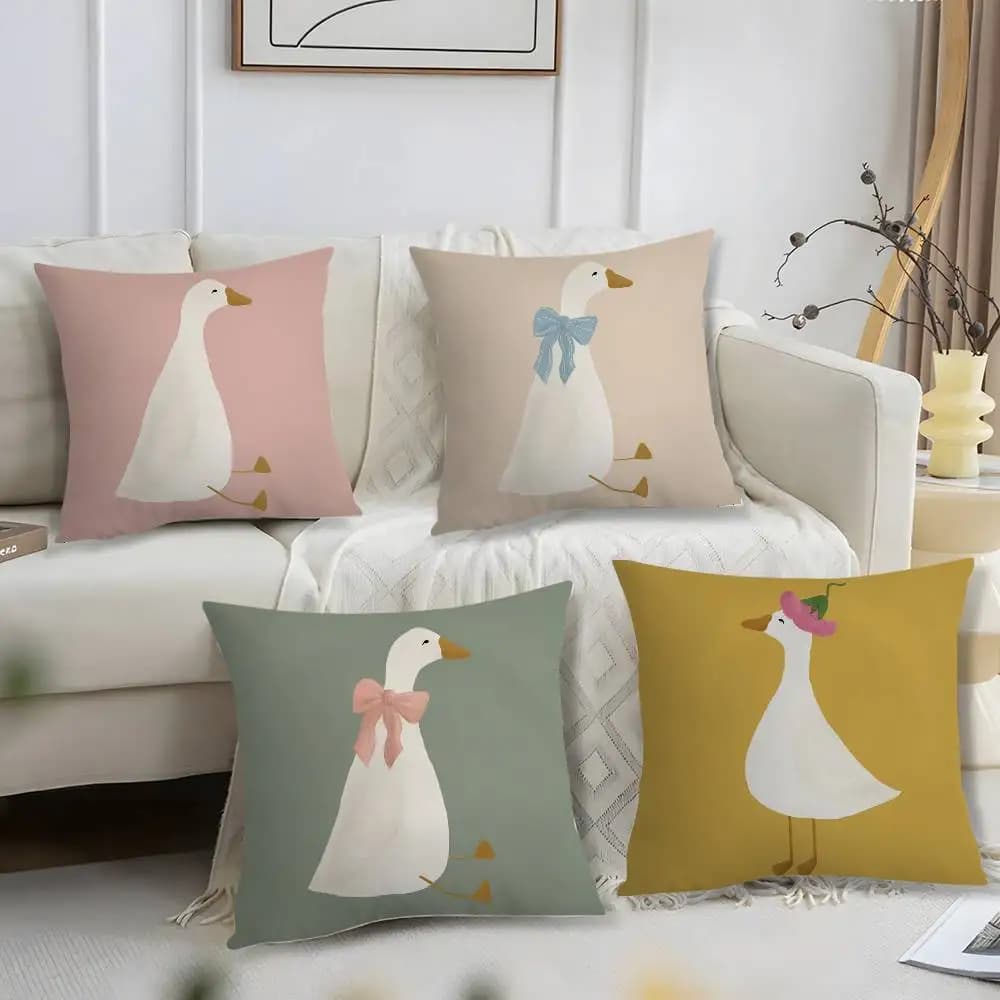 Federa per cuscino floreale con oca cartone animato Fodera per cuscino corta con stampa in peluche Fodere per cuscini quadrate Decorazioni per la casa del divano
