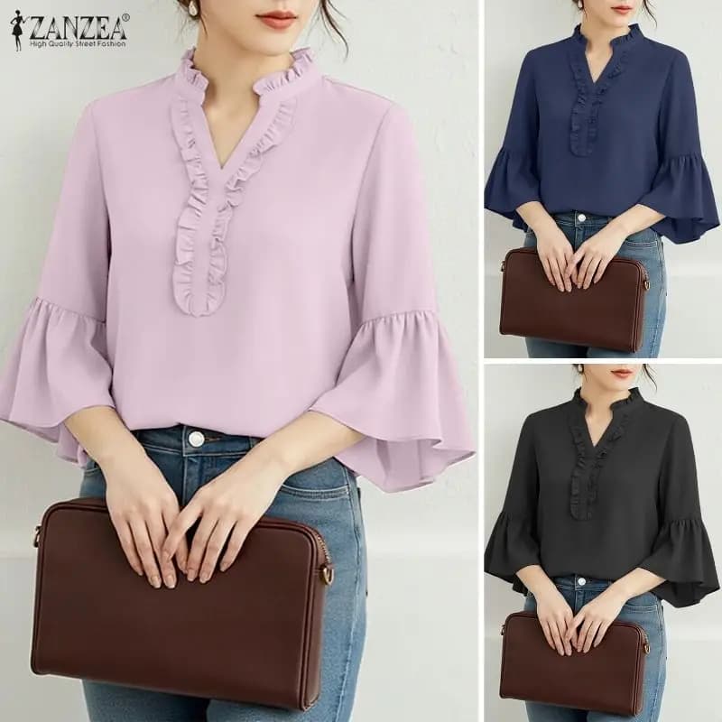 Camicetta da Ufficio Estiva 2026 ZANZEA da Donna Elegante con Scollo a V e Maniche a Campana a 3/4, Blusa Casual Tinta Unita con Balze, Top da Lavoro, Tunica, Blusas Femme