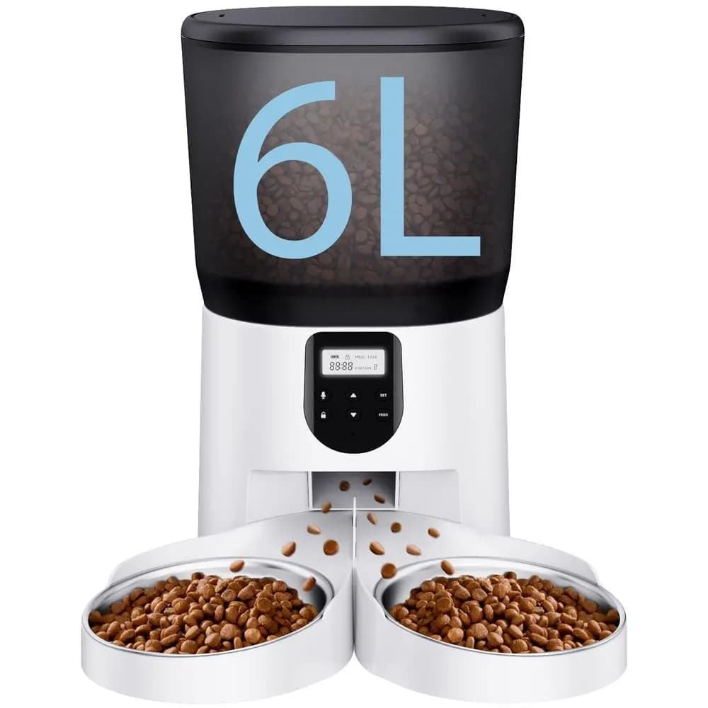 Distributore Automatico di Cibo per 2 Gatti, 6L 25 Tazze, con 2 Ciotole in Acciaio Inox, Timer Programmabile 10 Secondi, 20 Porzioni