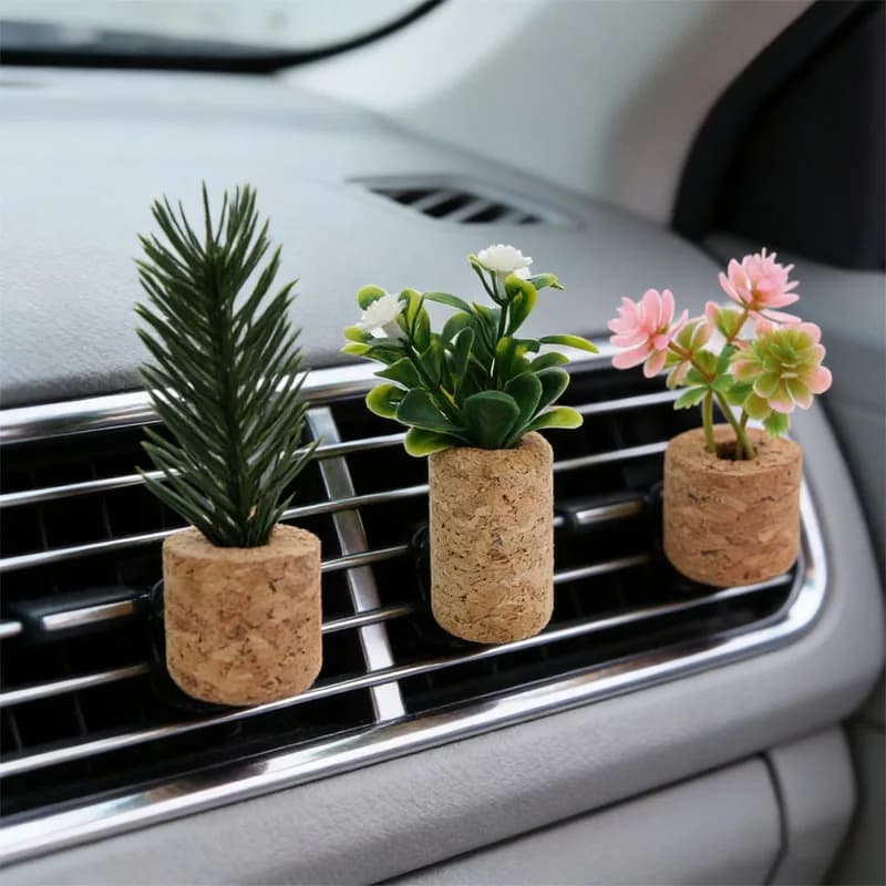 Car Decoration with Air Bottle Clip, Mini Artificial Vase Plant, Dashboard Ornament, Interior Auto Accessories, Car Decoration