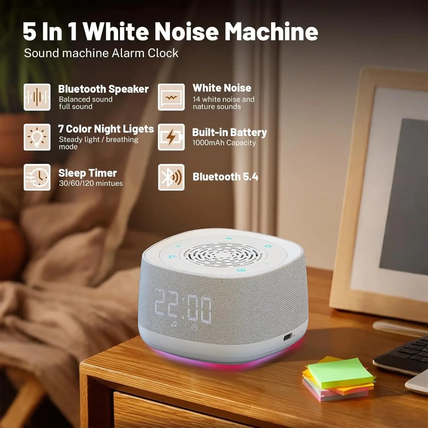 Macchina del rumore bianco con altoparlanti Bluetooth, sveglia e luce notturna, timer a 3 livelli, audio HiFi, aiuto portatile per il sonno per adulti e neonati