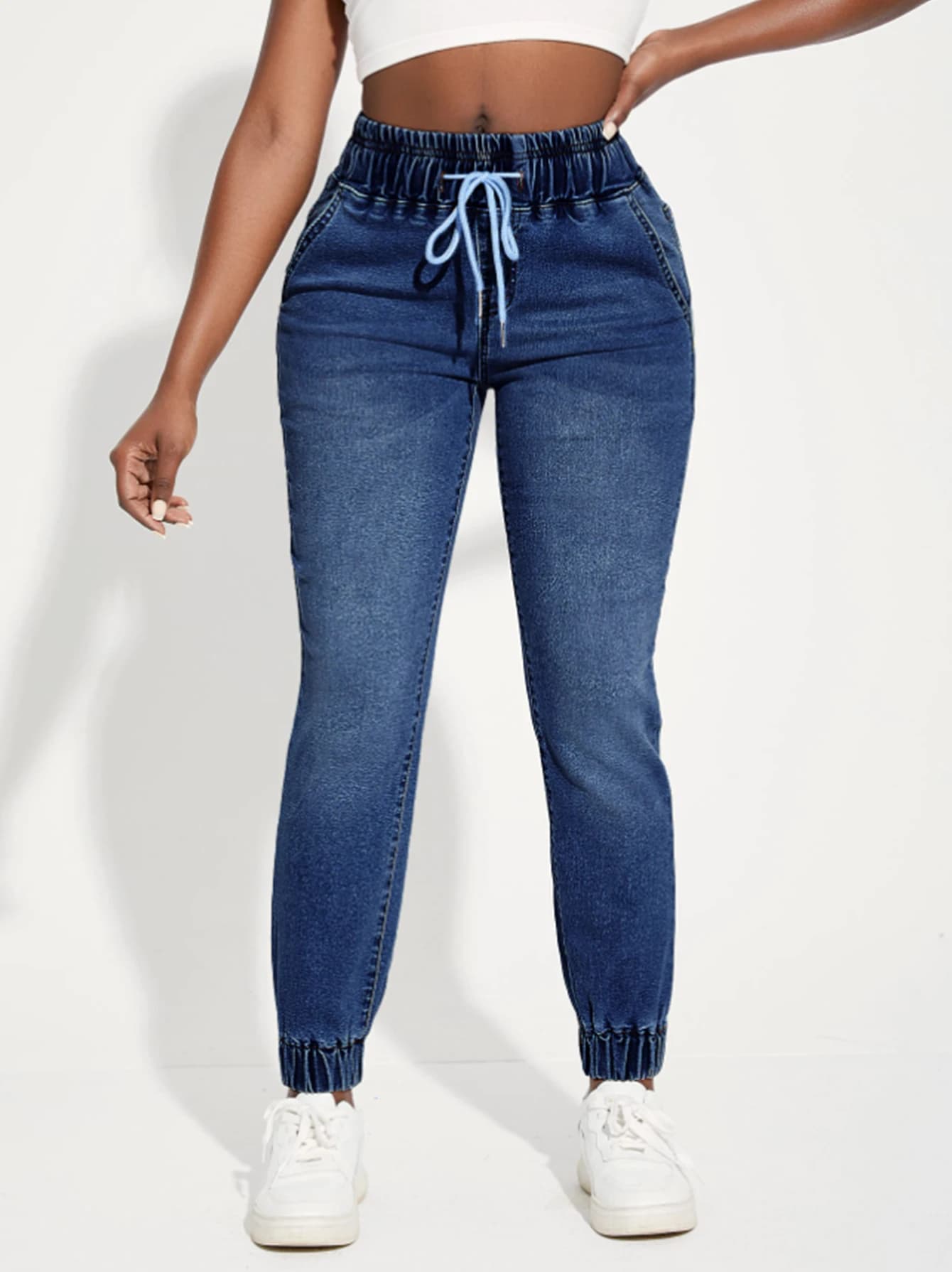 Jeans da donna, pantaloni in denim elasticizzato stile sportivo con coulisse in vita elastica