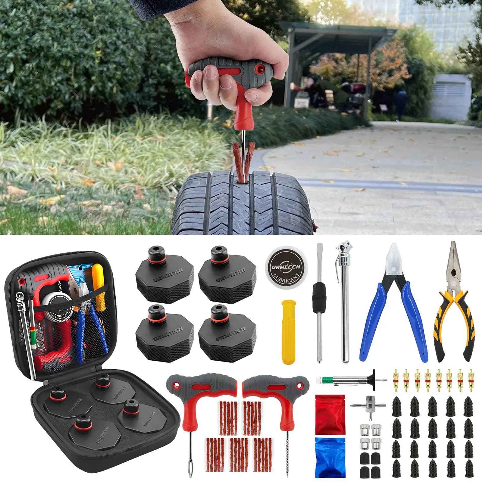 75 pz Kit di Strumenti di Riparazione Pneumatici con Mach-E Jack Pad per Ford Mustang 2021-2024 Gomma Jack Puck Car Lift Accessori Scatola di Immagazzinaggio