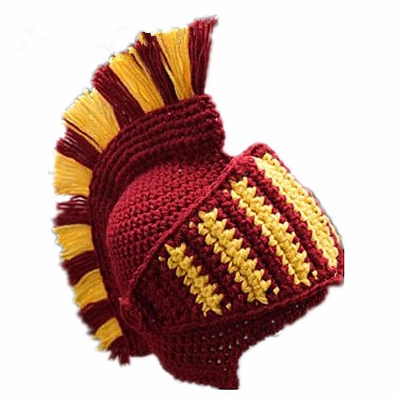 Red Tassel Cosplay Roman Knight Knit Helmet Men's Caps Original Barbarian Handmade Winter Warm Beard Hats Funny Beanies