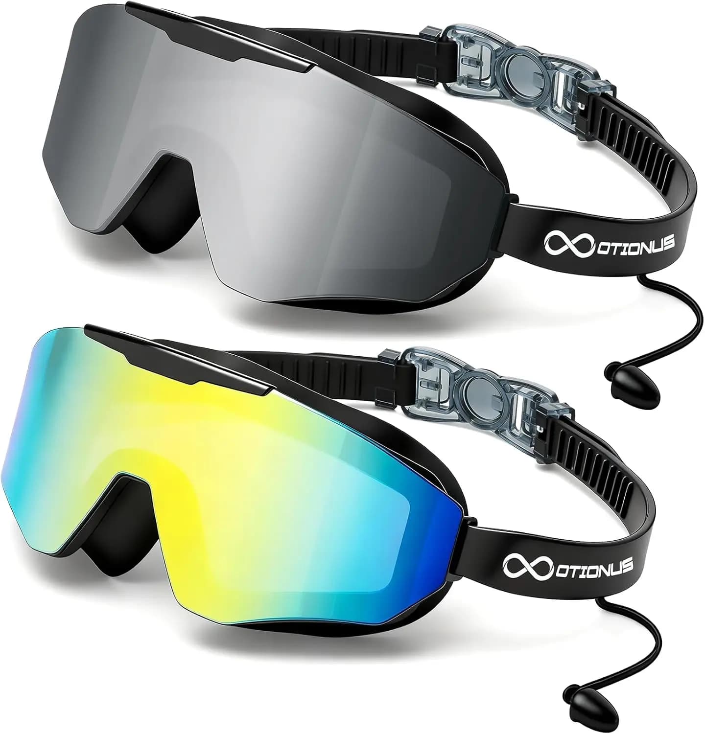 Pack of 2 UV anti-fog swim glasses without loss for adults, without mounting with wide vision and ear plugs, for man and woman