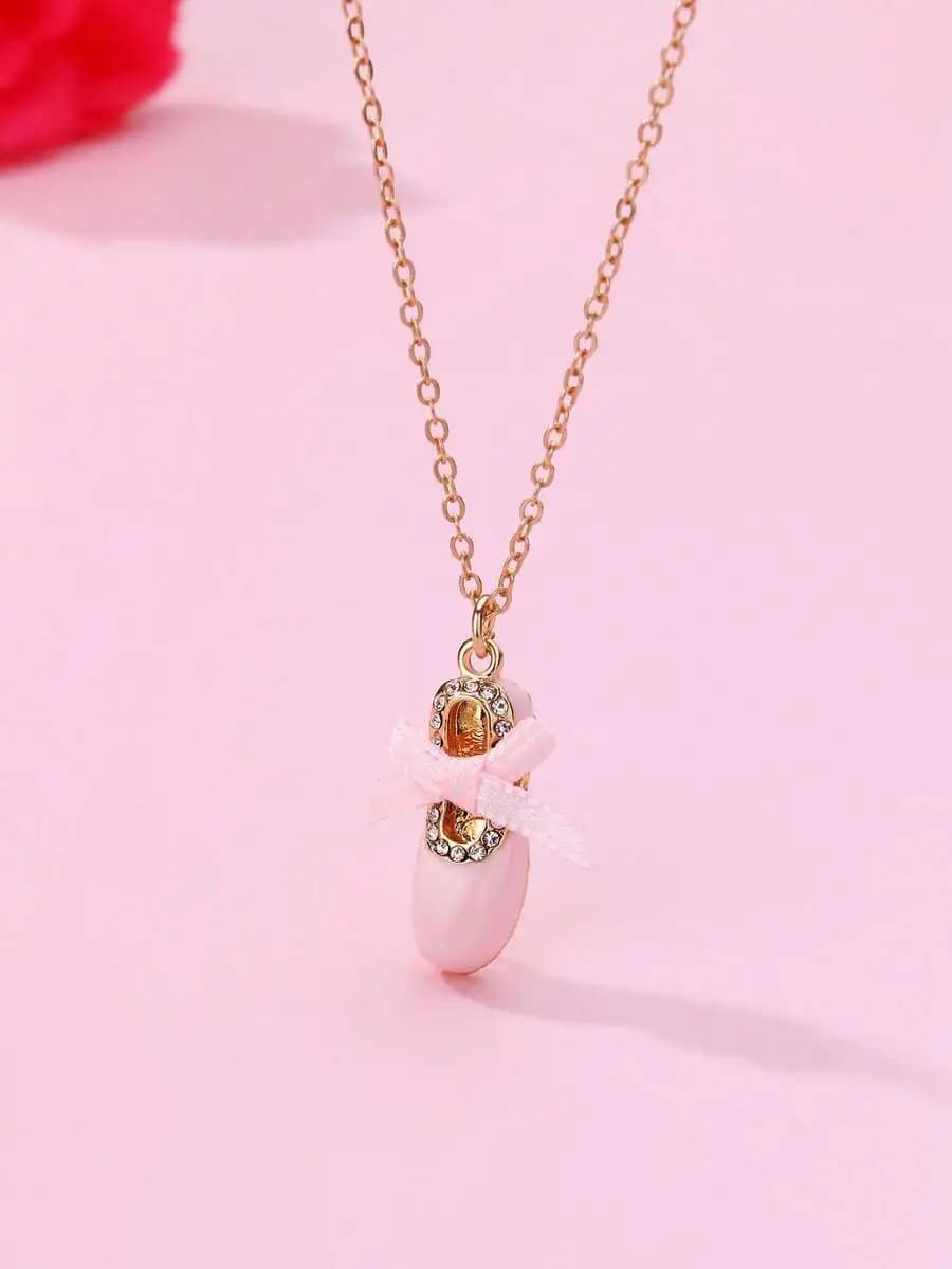 1pc Girls Ballet Shoe Zinc Alloy Pink Enamel Charm Necklace for Daily Wear